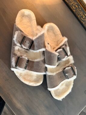 Birkenstock Shearling-Lined Suede Two-Strap Sandals in Taupe and Cream